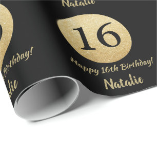 Happy 16th Birthday Black and Gold Glitter Wrapping Paper