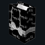 Happy 16th Birthday Bow On Black Medium Gift Bag<br><div class="desc">Happy 16th birthday text and white sheer bow on black background.
Background colour can be edited.
Text is editable or can be deleted.</div>