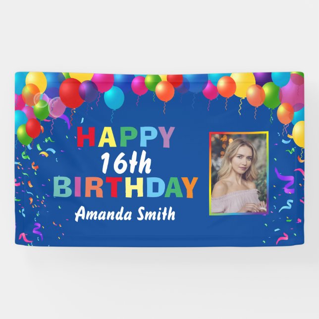 Happy 16th Birthday Colourful Balloons Blue Banner (Horizontal)