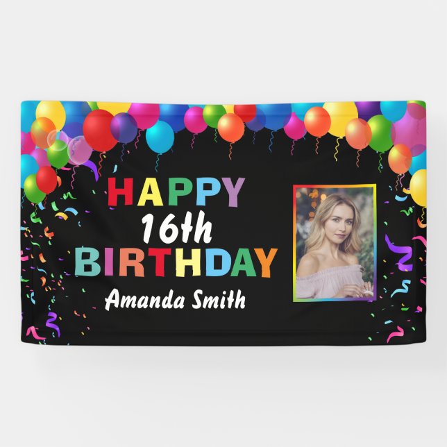 Happy 16th Birthday Colourful Balloons Confetti Banner (Horizontal)