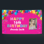Happy 16th Birthday Colourful Balloons Hot Pink Banner<br><div class="desc">Happy 16th Birthday Colourful Balloons Confetti Hot Pink Photo Banner. For further customization,  please click the "Customize it" button and use our design tool to modify this template.</div>