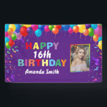 Happy 16th Birthday Colourful Balloons Purple Banner<br><div class="desc">Happy 16th Birthday Colourful Balloons Confetti Purple Photo Banner. For further customization,  please click the "Customize it" button and use our design tool to modify this template.</div>