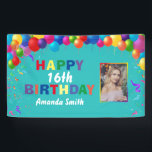 Happy 16th Birthday Colourful Balloons Teal Banner<br><div class="desc">Happy 16th Birthday Colourful Balloons Confetti Teal Aqua Turquoise Blue Photo Banner. For further customization,  please click the "Customize it" button and use our design tool to modify this template.</div>