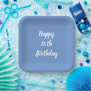 Happy 16th Birthday Cornflower Blue Custom Party Paper Plate