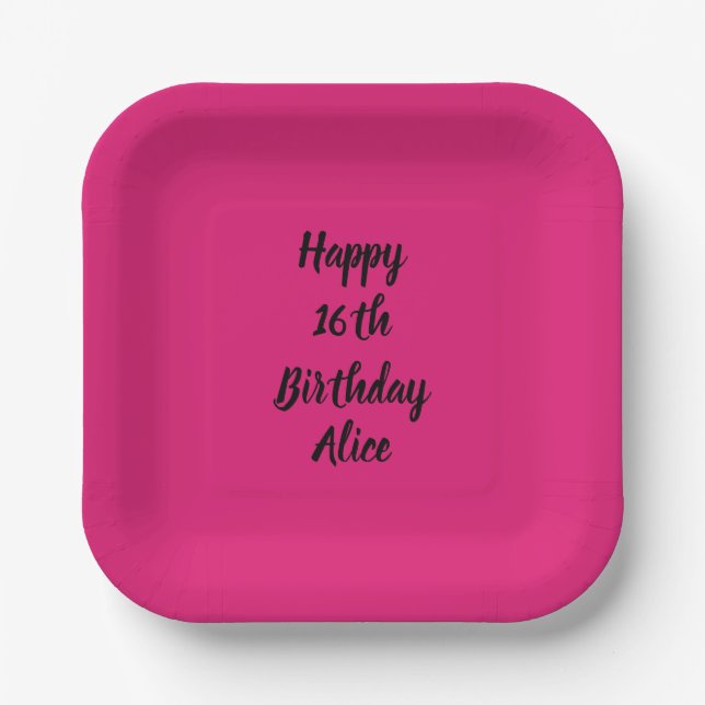 Happy 16th Birthday Custom Name Girly Pink Black  Paper Plate (Front)