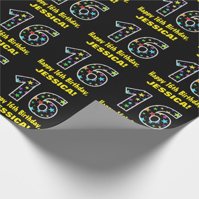 Happy 16th Birthday, Fun Colourful Stars Pattern 1 Wrapping Paper (Corner)
