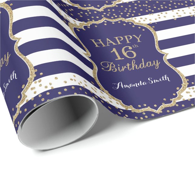 Happy 16th Birthday Gold Glitter and Navy Blue Wrapping Paper (Roll Corner)