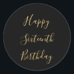 Happy 16th Birthday Golden Yellow Custom Age Black Classic Round Sticker<br><div class="desc">Designed with golden yellow text template for "Happy Sixteenth Birthday" message which you may edit to customize and also custom colour background!</div>