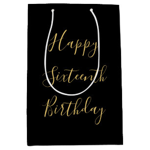 Happy 16th Birthday Golden Yellow Custom Age Black Medium Gift Bag