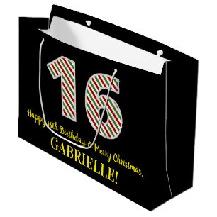 Happy 16th Birthday & Merry Christmas, Custom Name Large Gift Bag