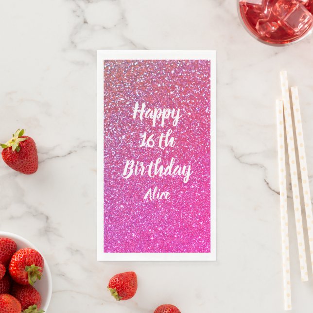Happy 16th Birthday Name Pink Rose Gold Glitter  Napkin (Insitu)