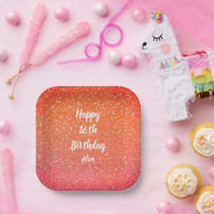 Happy 16th Birthday Orange Salmon Pink Glitter Paper Plate