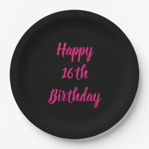 Happy 16th Birthday Pink Black Custom Color 2023 Paper Plate