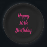 Happy 16th Birthday Pink Black Custom Colour 2023 Paper Plate<br><div class="desc">Designed with text template for "Happy 16th Birthday" message which you can customize! You may also change the background colour as you like.</div>