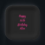 Happy 16th Birthday Pink Black Custom Colour Name Paper Plate<br><div class="desc">Designed with text template for "Happy 16th Birthday" message and name which you can customize! You may also change the background colour as you like.</div>