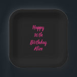 Happy 16th Birthday Pink Black Custom Colour Name Paper Plate<br><div class="desc">Designed with text template for "Happy 16th Birthday" message and name which you can customize! You may also change the background colour as you like.</div>