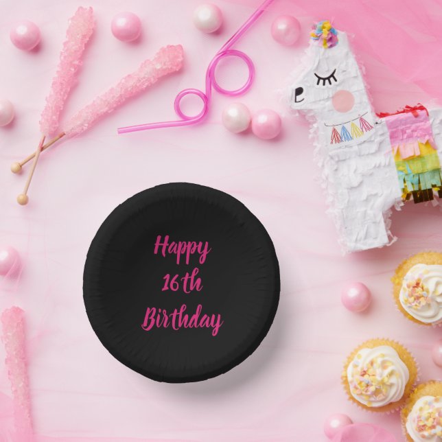 Happy 16th Birthday Pink Black Custom Colour Text Paper Plate (Party)