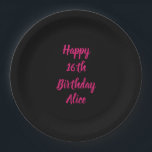 Happy 16th Birthday Pink Black Custom Name Colour Paper Plate<br><div class="desc">Designed with text template for "Happy 16th Birthday" message and name which you can customize! You may also change the background colour as you like.</div>
