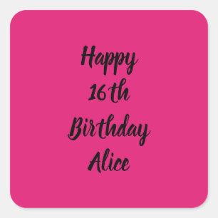 Happy 16th Birthday Pink Black Custom Name Girly C Square Sticker
