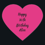Happy 16th Birthday Pink Black Custom Name Girly Heart Sticker<br><div class="desc">Designed with text template for "Happy 16th Birthday" message and name which you can customize! You may also change the background colour as you like.</div>