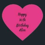 Happy 16th Birthday Pink Black Custom Name Girly Heart Sticker<br><div class="desc">Designed with text template for "Happy 16th Birthday" message and name which you can customize! You may also change the background colour as you like.</div>