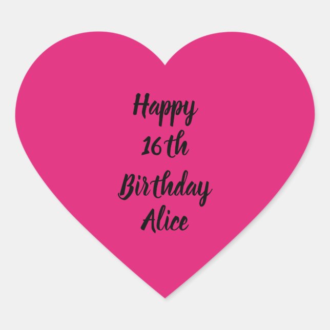 Happy 16th Birthday Pink Black Custom Name Girly Heart Sticker (Front)
