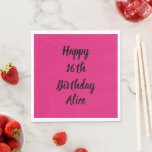 Happy 16th Birthday Pink Black Custom Name Girly Napkin<br><div class="desc">Designed with text template for "Happy 16th Birthday" message and name which you can customize! You may also change the background colour as you like.</div>