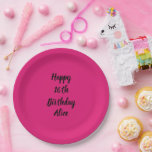 Happy 16th Birthday Pink Black Custom Name Girly Paper Plate<br><div class="desc">Designed with text template for "Happy 16th Birthday" message and name which you can customize! You may also change the background colour as you like.</div>