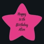 Happy 16th Birthday Pink Black Custom Name Girly Star Sticker<br><div class="desc">Designed with text template for "Happy 16th Birthday" message and name which you can customize! You may also change the background colour as you like.</div>