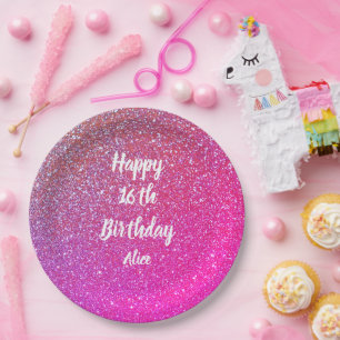 Happy 16th Birthday Pink Rose Gold Glitter Name Paper Plate
