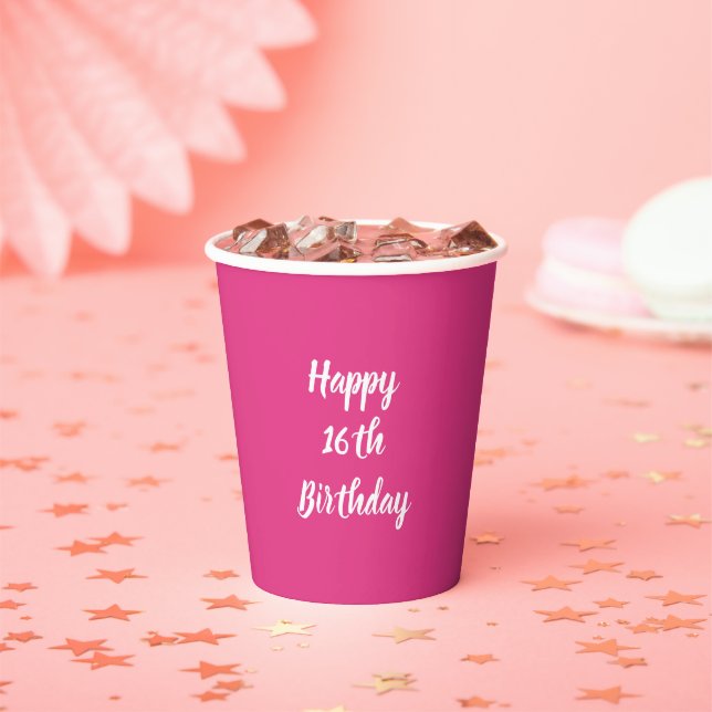 Happy 16th Birthday Pink White Custom Colour 2023  Paper Cups (Insitu)