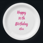 Happy 16th Birthday Pink White Custom Name Girly Paper Plate<br><div class="desc">Designed with text template for "Happy 16th Birthday" message and name which you can customize! You may also change the background colour as you like.</div>