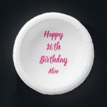 Happy 16th Birthday Pink White Custom Name Girly Paper Plate<br><div class="desc">Designed with text template for "Happy 16th Birthday" message and name which you can customize! You may also change the background colour as you like.</div>