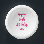 Happy 16th Birthday Pink White Custom Name Girly Paper Plate<br><div class="desc">Designed with text template for "Happy 16th Birthday" message and name which you can customize! You may also change the background colour as you like.</div>