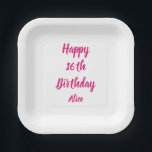 Happy 16th Birthday Pink White Custom Name Girly Paper Plate<br><div class="desc">Designed with text template for "Happy 16th Birthday" message and name which you can customize! You may also change the background colour as you like.</div>