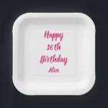 Happy 16th Birthday Pink White Custom Name Girly Paper Plate<br><div class="desc">Designed with text template for "Happy 16th Birthday" message and name which you can customize! You may also change the background colour as you like.</div>