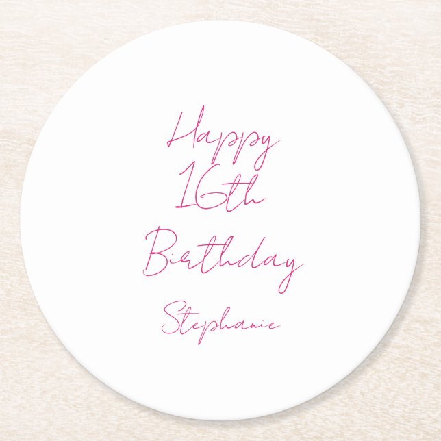 Happy 16th Birthday Pink White Sixteenth 2024 Round Paper Coaster (Front)