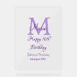 Happy 16th Birthday purple add name monogram moder Acrylic Sign<br><div class="desc">beautiful design</div>