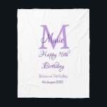 Happy 16th Birthday purple add name monogram moder Fleece Blanket<br><div class="desc">beautiful design</div>