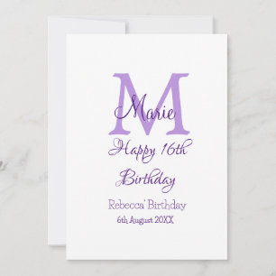 Happy 16th Birthday purple add name monogram moder Invitation
