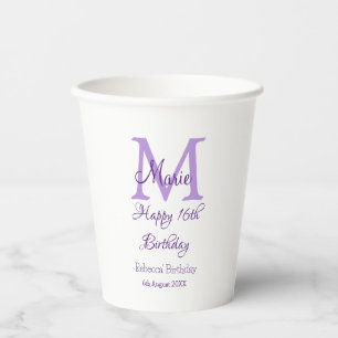 Happy 16th Birthday purple add name monogram moder Paper Cups