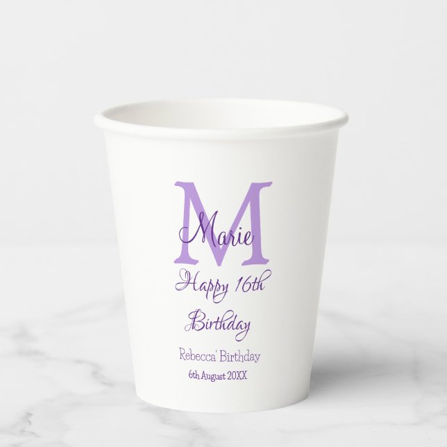 Happy 16th Birthday purple add name monogram moder Paper Cups (Front)