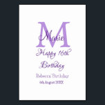 Happy 16th Birthday purple add name monogram moder Table Number<br><div class="desc">beautiful design</div>
