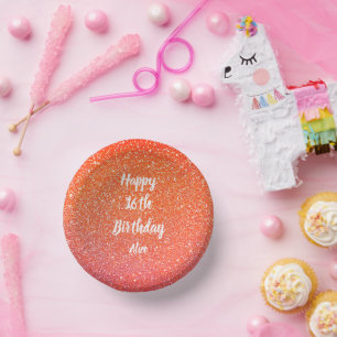Happy 16th Birthday Salmon Orange Pink Glitter Paper Plate