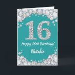 Happy 16th Birthday Teal and Silver Glitter Card<br><div class="desc">Happy 16th Birthday Teal Turquoise Aqua and Silver Glitter Card with personalized name. For further customization,  please click the "Customize it" button and use our design tool to modify this template.</div>