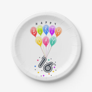 Happy 16th Birthday With Colourful Balloons Paper Plate