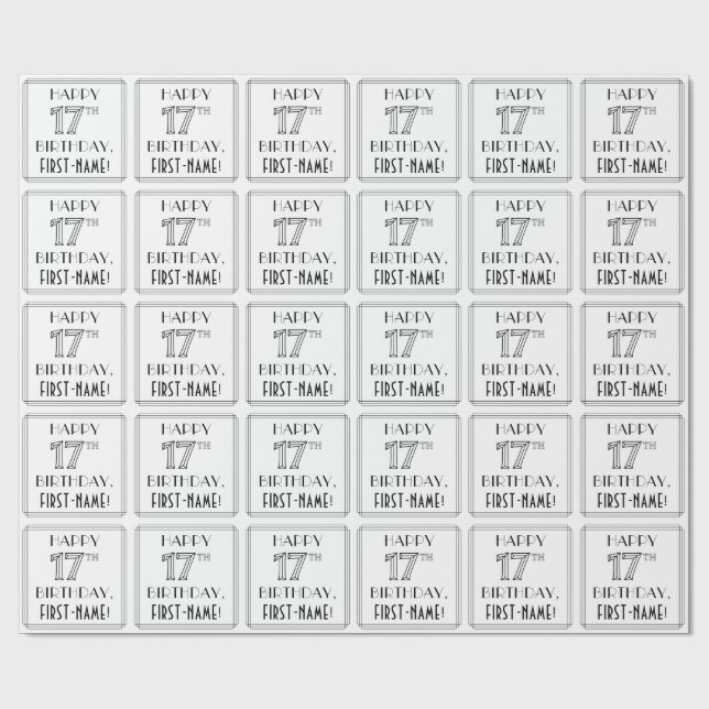 HAPPY 17TH BIRTHDAY; Art Deco Style; Custom Name Wrapping Paper (Flat)