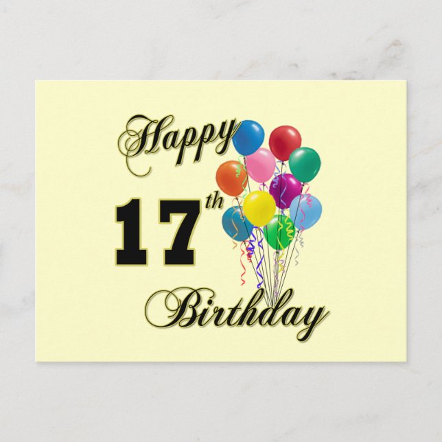 Happy 17th Birthday Design with Balloons Postcard (Front)