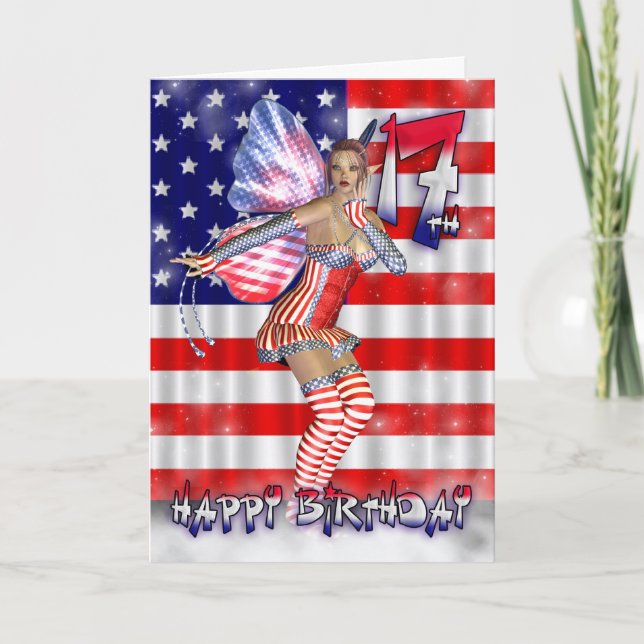Happy 17th Birthday fairy in her stars and stripes Card (Front)