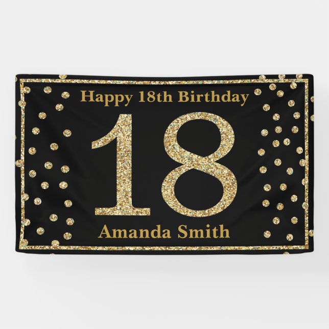Happy 18th Birthday Banner Black and Gold Glitter (Horizontal)